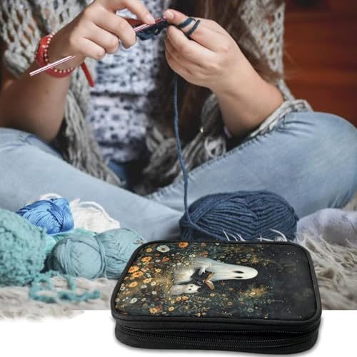 Kathyboom Halloween Spooky Floral Crochet Hooks Case Portable Travel Crochet Storage Bag Organizer with Web Pocket and Crochet Holder Slots for Carrying Various Crochets Needles - color: Halloween Spooky Floral-
