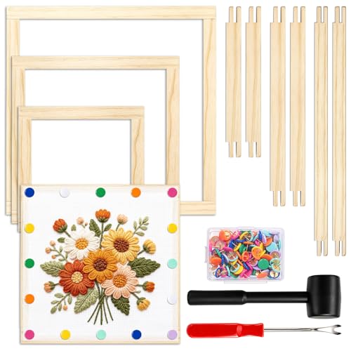 12pcs Stretcher Bars for Needlework, 3 Sizes Wooden Canvas Needlepoint Stretcher Bars with 100 Thumb Tacks, Hammer, Pry Tool for Needlepoint Embroidery Stitch Frame Set Bundle with Crafts - size: Large - 8 12 16 inch