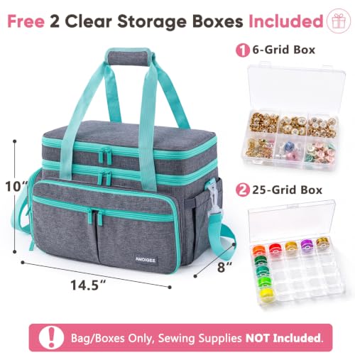 AMOIGEE Double Layer Sewing Organizer Bag with 2 Clear Storage Sewing Boxes - color: Grey