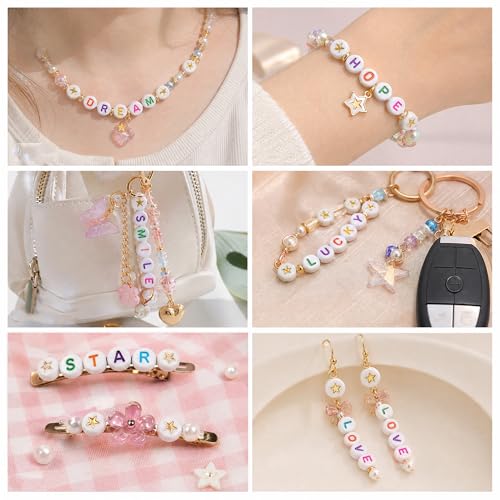 SUTOUG 1500PCS Letter Beads, 4x7mm White Alphabet Beads and Gold Star Beads - color: W+star
