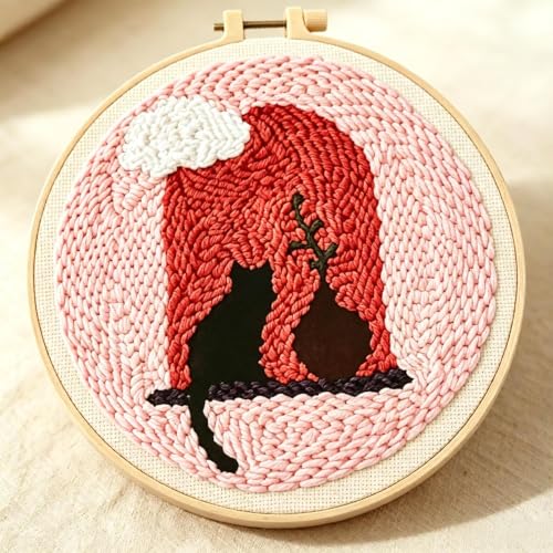 Punch Needle Kit Adults Beginner, Window Sill Cat with Hoop 20x20cm, Embroidery Punch Needle Starter Set for Festival Gift and Decoration, Including Punch Needle Fabric with Pattern/Needle/Yarns