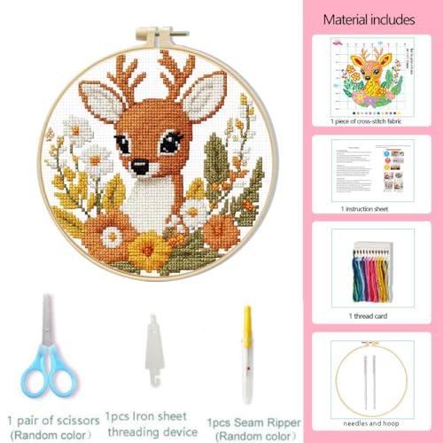 LSLFQYQSK Beginners Embroidery Kits - Small Animal DIY Cross Stitch Kits,Including,Stamped Flower Patterns,Hoop,Color Threads,Tools (Style A) - style: Style A
