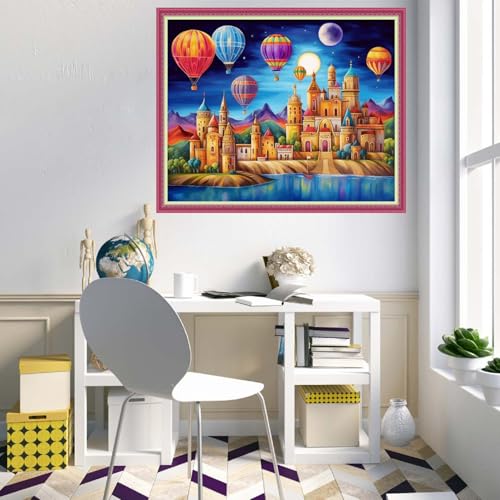 Disnesart Cross Stitch Stamped Full Embroidery Kits DIY 11CT Cotton Thread Printed DIY Needlepoint Kits Craft Needlework Set Cross-Stitch Stamped Sets-Rainbow Castle Hot Air Balloon 16x20 inch - color: Stylepattern13