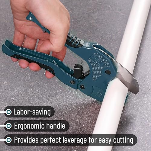 Bates- PVC Pipe Cutter, Cuts up to 1-5/8", Ratchet Pipe Cutter, PEX Cutting Tool for Cutting PEX, PVC, PPR Plastic Hoses and Plumbing Pipes, Teal Blue - color: Teal Blue