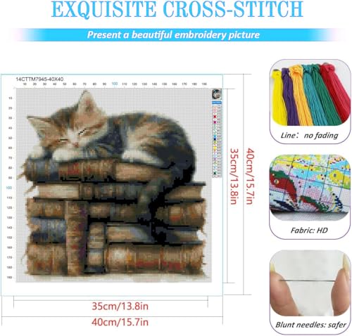 KYOQFVN Cat Counted Stamped Cross Stitch Kits for Adults, 11 CT Stamping Cross Stitch Kit, Animal Needlepoint Cross-Stitch Patterns Dimensions for Home Decor 14×14 Inch - color: SZXMAO-US