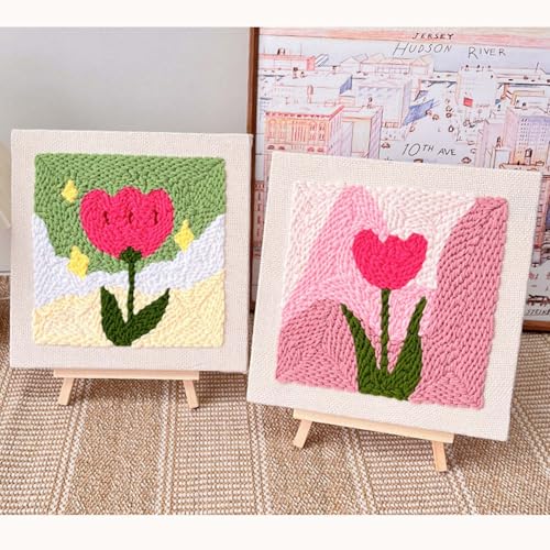 Allazone Punch Needle Embroidery Kit, Square Frame with Green and Pink Tulip Pattern, Includes Frame, Stand, Punch Needle, Scissors, Yarns, Adults Beginner Friendly - color: Green and White-2