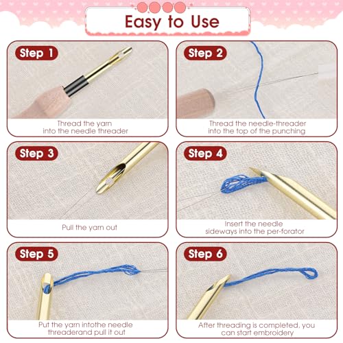 12 Pcs Punch Needle Kit, Embroidery Punch Needle Tool Wooden Handle Embroidery Tool Punch Needle Threader Set for Adults Beginner Yarn Floss Cross Stitching