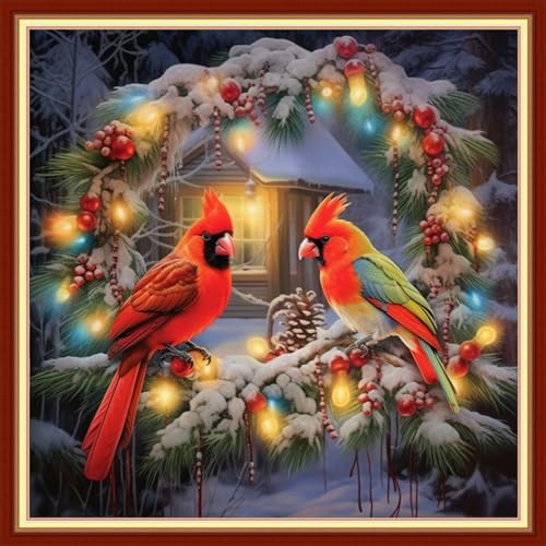 Disxvivy Cross Stitch Stamped Full Embroidery Kits DIY 11CT Cotton Thread Printed DIY Needlepoint Kits Craft Needlework Set Cross-Stitch Stamped Sets-Flower Wreath Bird 18x18 inch - color: Artstyle35