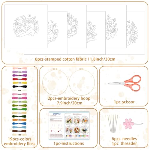 BEUNITONE 6 Set Cat and Flowers Embroidery Kit for Adults Beginners, Pre-Stamped Pattern Needlepoint Kits with Hoop, Tools, Instruction, Hand Embroidery Kits for Gifts, Fabric and Home Decor 7.9x7.9 - style: Cats Flowers