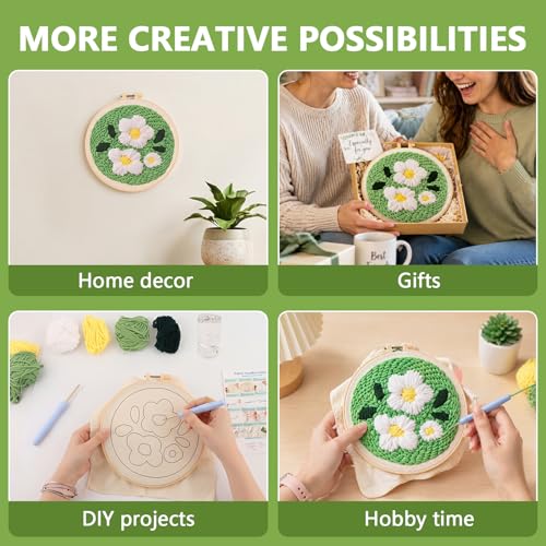 JITIERYALO Punch Needle Kit for Beginners, Green Floral Embroidery Starter Set with Hoop 20x20cm, Patterned Fabric, Punch Needle and Yarn for Adults Festival Gift and Decoration
