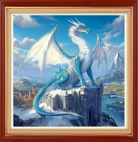 Foxhool Stamped Cross Stitch Kits,11CT Printed Cross Stitch Pattern Full Embroidery Kits for Beginner Needlepoint Kits&Blue Wing Dragon Landscape 18x18 inch - color: ColorSet10