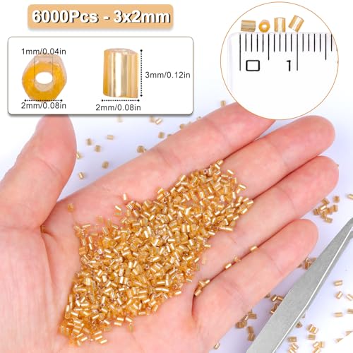 6000pcs Gold Bugle Beads Bulk, Embroidery Tube Short Beads for Jewelry Making, Bracelet,Necklaces Supplies,Craft DIY(3x2mm) - color: Gold
