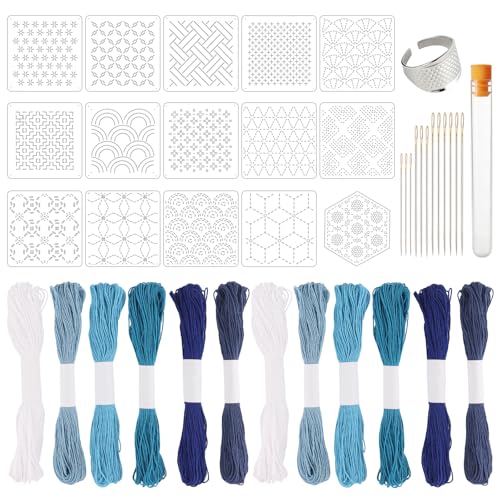 40 Pcs Sashiko Thread Kit, Cotton Thread and Needles Kit with Sashiko Patterns for Embroidery Projects Hand Quilting Mending Supplies