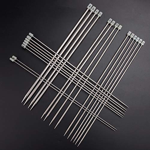 BCMRUN Knitting Needle Set, 22PCS 2mm(B)-8mm(L) Straight Single Pointed Stainless Steel Sweater Needles Set(11Pair-11 Size,9.8 inch) with Locking Stitch Makers Large-Eye Needles Measure Tape (36CM) - size: 36CM