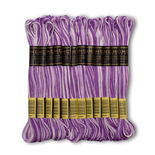 Pack of 12 Premium Embroidery Thread | 100% Egyptian Cotton Premium Skeins | Cross Stitch Embroidery Floss | Oeko TEX Certified | Ideal for Arts & Crafts (Light Purple Variegated 1208) - color: Light Purple Variegated 1208