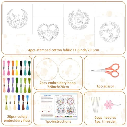 BEUNITONE 4 Set Wreath and Bird Pattern Embroidery Kit for Adult Beginners - style: A-Brids