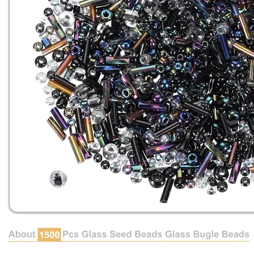 uxcell Mixed Glass Seed Beads 2-7mm Mini Loose Bugle Black 1500Pcs - color: Black, size: 2-7mm