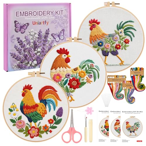 Uniartfy 3 Pack Funny Rooster and Flower Embroidery Kits for Beginners, Animal Cross Stitch Kit for Adults, DIY Needlepoint with Stamped Pattern, Embroidery Hoop, Tools, Colorful Threads, Instructions - color: Embroidery Kit-M