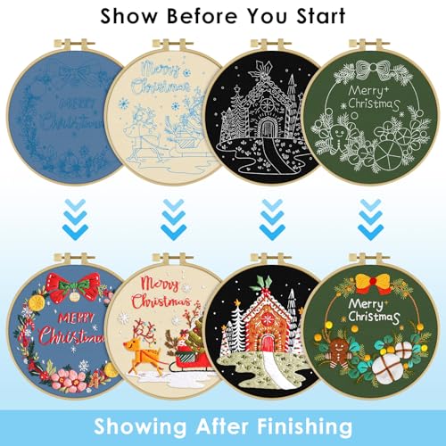 ERKOON 4 Sets Embroidery Kit for Beginners, Christmas Cross Stitch Set with Easy Pattern Embroidery Cloth Hoops Threads for Craft Lover Hand Stitch - color: Christmas