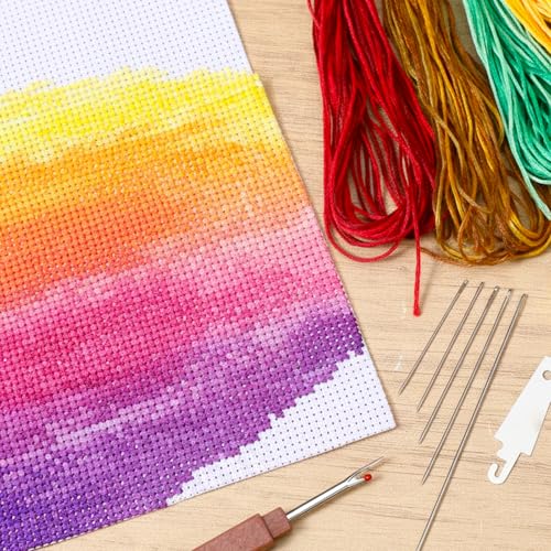 Needlepoint Canvas (18" x 12"), Blank White Embroidery Mesh Fabric Cloth with 25 Needles, 2 Threaders, Seam Ripper - Starter Kit for Cross Stitch, Knit & Crochet Projects and Make Dividers, 14 Mesh
