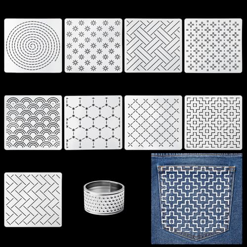 10 Pcs 5.1 Inch Plastic Sashiko Stencil Kit - Geometric Sashiko Pattern Template Drawing Line Quilting Stencil with Sewing Thimble Finger Protector, Embroidery Pattern Stabilizer for Hand Quilting