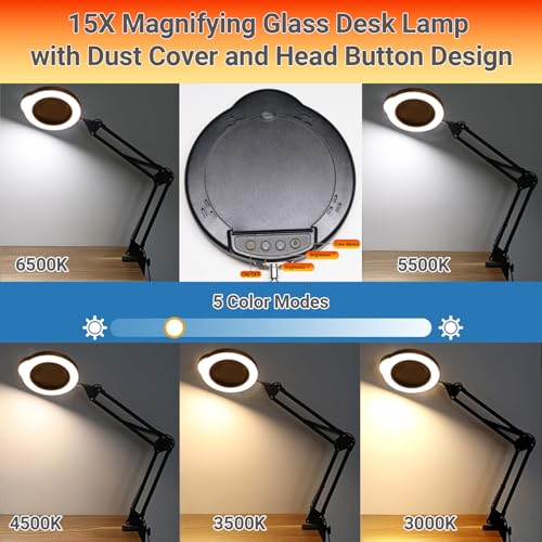 15X Magnifying Glass with Light, Real Glass Lens, 84 LEDs, 5 Color Modes, 10 Brightness Dimmable, Adjustable Swing Arm with Clamp, Hands-Free Magnifier for Reading, Crafts, Repair, Sewing, Close Work