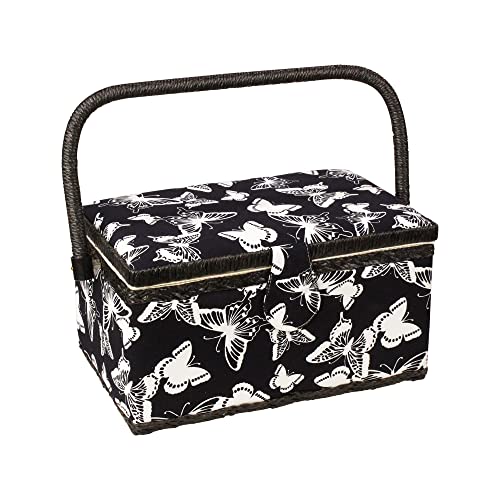 Sewing Basket with Floral Print Design - Sewing Kit Storage Box with Removable Tray, Built-in Pin Cushion and Interior Pocket - by Adolfo Design (Large - 12" x 9" x 6", Butterfly Design) - color: Butterfly Design, size: Large - 12" x 9" x 6"