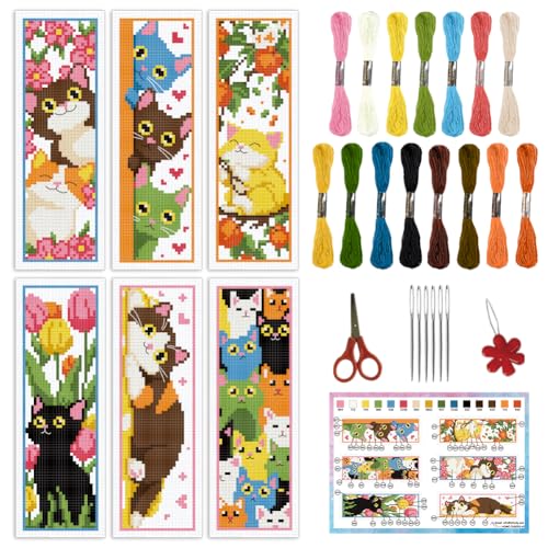 INFUNLY 6pcs DIY Cat Cross Stitch Bookmark Kits for Beginner 2.99''×8.54'' Cute Kitten Stamped Embroidery Bookmark Kit with Instruction Printed Animal Bookmark Set for Cat Lovers Book Readers Writers - style: Cute Cat