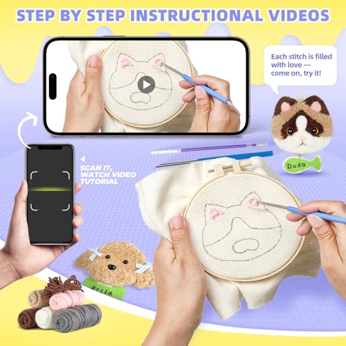 Punch Needle kit-4,Embroidery kit for Beginners,Punch Needle Kits Adults Beginner,Punch Needle kit for Beginners, Includes All Tools and Materials,Easy to Follow Instructions and Videos-Cats and Dogs - color: Cats and Dogs