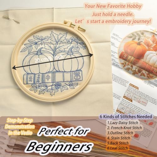 FONNUY Pumpkin Embroidery Kit for Beginners, Pre-Stamped Pattern Kits for Adults with Hoop, Easy to Follow Color Thread Needlework, 8'' Hoop (White) - color: White
