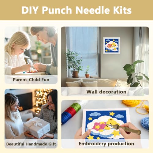 Doodlream Bear Cloud Needle Kit for Beginner, 9.4"x 9.4" Cartoon Animal Punch Stitching Craft Set, Color DIY Embroidery Starter with Printed Frame, Instruction, Threader, Yarn, Pinch Needle - color: Bear