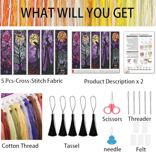 NEGEKFKX 5 Pcs Halloween Cross Stitch Bookmark Kit for Adult Beginners - color: Cross stitch bookmark-21