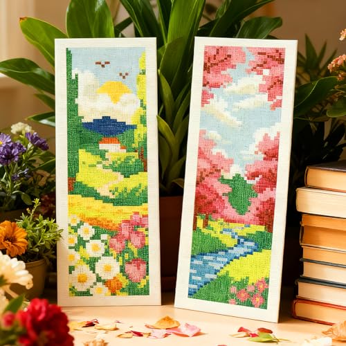 INFUNLY 6 Set Spring Scenery DIY Cross Stitch Bookmark Kits for Adults Wildflowers Counted Cross Stitch Kit with Instructions Landscape Stamped Embroidery Bookmark Kit for Book Lovers Readers Gift - style: Spring Scenery