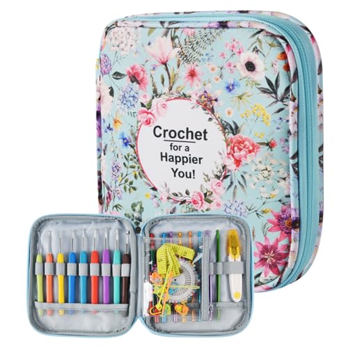 Crochet Hook Case,Portable Zipper Storage Organizer Bag for Crochet Hooks, Knitting Needles, Project & Sewing Supplies, Lightweight,Easy to Hold (No Accessories Included).Blue Summer Flower - color: blue summer flower