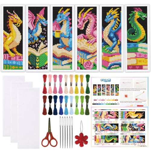 ORIGACH 6 Set Dragon & Book Cross Stitch Bookmark Kit for Beginner - style: Dragon & Book