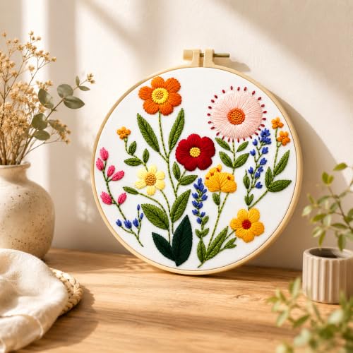 Zhenqing Wildflower Embroidery Kit for Beginners, Floral Needlework Kit with Pre-Printed Cotton Fabric, Hoop, Threads & Tools, Flower Wall Decor (C0125) - color: Wildflower Floral