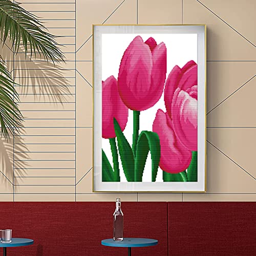 ITSTITCH Stamped Cross Stitch Kits for Beginners,Full Set of Crossstitching Preprinted Pattern, Embroidery Needlepoint Starter Kits 14CT 2 Strands-Pink Tulip, 13x18.9 inch - color: Pink tulip, 13x18.9 inch