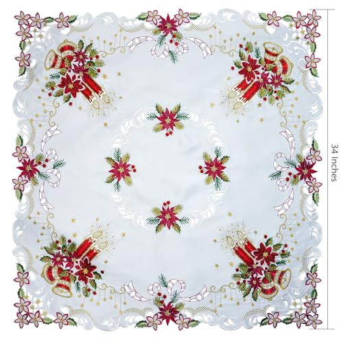 Grelucgo Holiday Tablecloth, White with Red Poinsettia Embroidered Design, Scalloped Edge, Christmas Dining Table Decor (Square 34x34 Inches) - size: 34" x 34" (Square)