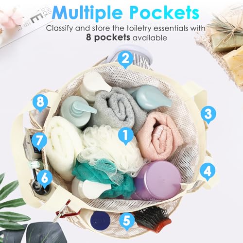 Fammart Mesh Shower Caddy Portable for College Dorm Room Essentials, Odorless Polyester Large Shower Tote Bag with Dual Handles, 8-Pocket Quick-Dry Toiletry Organizer for Travel, Beach, Camping, Gym - color: Multiple Pockets, 1 Pack - Khaki Checkered