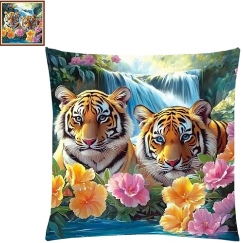 Fanxvivy Stamped Cross Stitch Kits for Adults Beginners Pillow Needlepoint Kit with Embroidery Pattern Needlework Kit Prestamped Stitches Kit 11CT Cross Stitching-Flower Tiger 18x18 inch - color: Pre-pattern 35