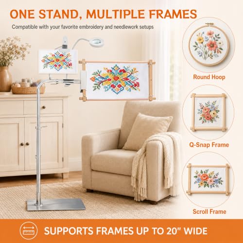 Needlepoint Stand, Adjustable Embroidery Stand & Cross Stitch Floor Stand with Lighted Magnifier, Heavy Duty Metal Frame Stand Holder for Hoops, Q-Snap & Scroll Rods up to 20" Wide