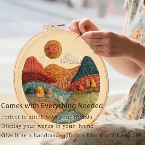 FONNUY Embroidery Kit for Beginners, Textured Vibrant Nature Landscape Pre-Stamped Pattern Kits for Adults with Hoop, Easy to Follow Color Thread Needlework, 8'' Hoop (Red 2) - color: Red 2