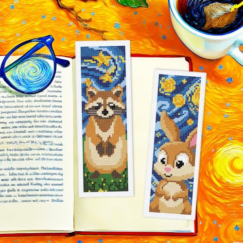 INFUNLY 6pcs Starry Sky Animals Cross Stitch Bookmark Kits for Adults Cat Dog DIY Cross Stitch Kit with Instructions Pre-Printed Art Fox Rabbits Stamped Embroidery Bookmark Kit for Book Readers Gift - style: Starry Sky Animals