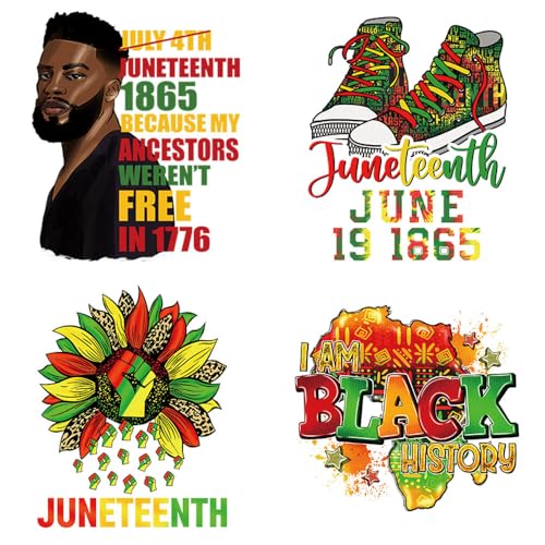 DTF Transfers Ready to Press - 4 Sheets Juneteenth Iron on Decals with Black Men Sunflower Shoes Black History Patterns Iron on Transfer Patches for June 1865 Party T Shirts Clothes Bag DIY Decoration - color: Juneteenth A