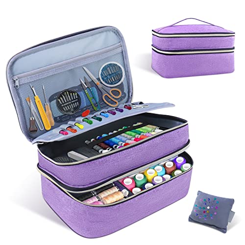 Sewing Organizer Bag - 11.5"x8"x6" Double-Layer Sewing Box with Storage for Scissors, Thread, Pins, Needles, Clips (Purple) - color: Purple