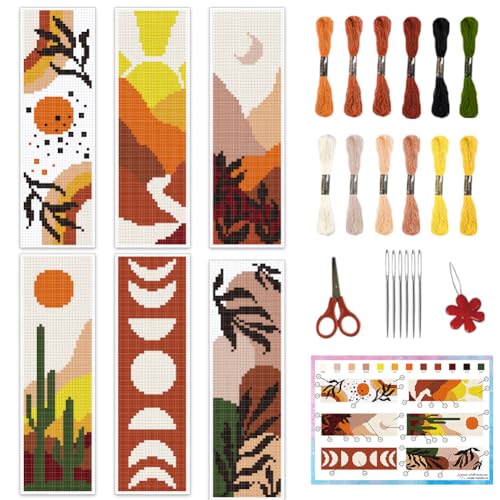 INFUNLY 6PCS Boho Cross Stitch Bookmark Kits 8''x2.4'' Landscape Bookmark Making Kit Moon Phases DIY Stamped Embroidery Bookmarks for Beginners with Instruction for Book Lovers Reader Writers Gift - style: Boho Landscape