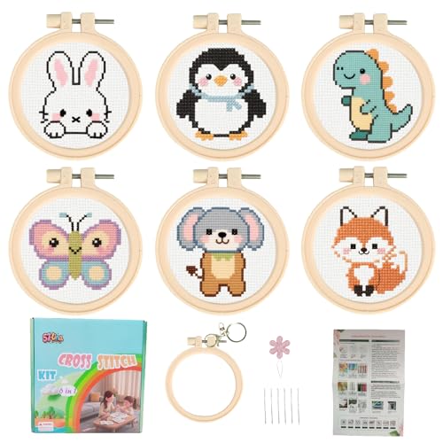 57lilina Cross Stitch Kits for Kids, 6 Set Easy Beginner Embroidery Pattern - color: Rabbit+ Penguin+ Dinosaur+ Butterfly+ Dog+ Fox