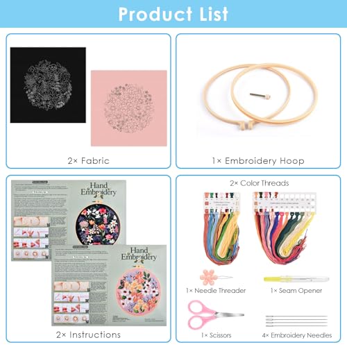 ERKOON Embroidery Kit for Beginners Adult, 2 Set Floral Cross Stitch Set Include Embroidery Cloth Hoops Threads for Craft Lover Hand Stitch with Embroidery Skill Techniques (Flower) - color: Flower