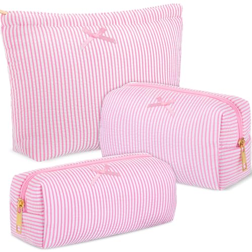 Sanwuta 3 Pcs Seersucker Pouch Cosmetic Bag Set,Light Pink - color: Light Pink