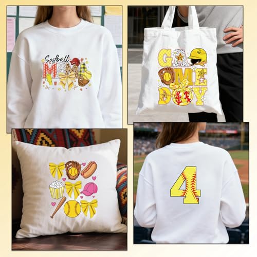 Rngmsi Dtf Transfers Ready to Press - 30 Pcs Softball Sports Iron on Patches for T-Shirts, Game Letter Iron on Stickers Bow Heat Transfer Vinyl Decals for Pillow DIY Fabric Clothes Decor - style: SoftballSports
